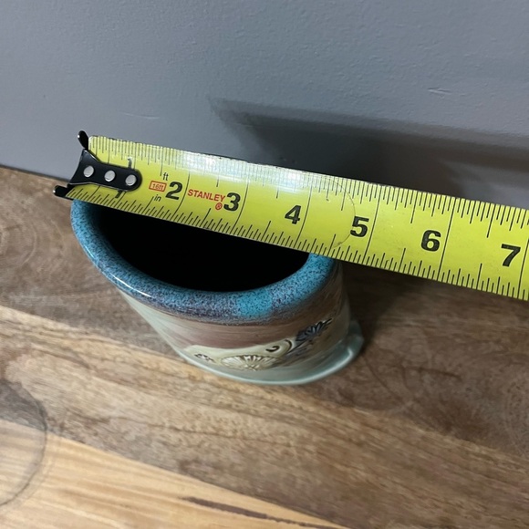 Pottery Vase CS Artisan Stamped Blue/Green/Brown 3D Floral accents. 8” H - Picture 6 of 11